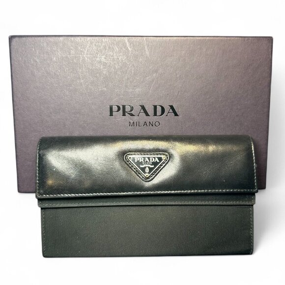 PRADA Saffiano Leather and Nylon Tri-Fold Wallet - Black - Picture 1 of 15